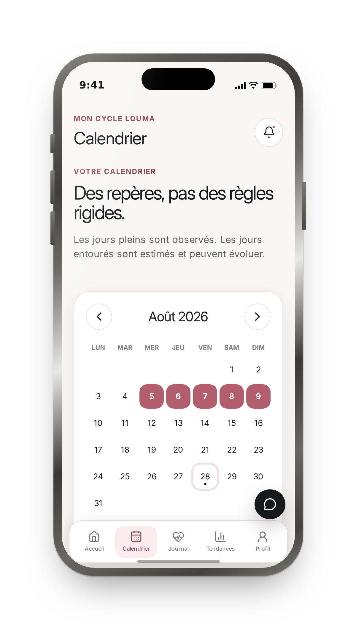 L'application Mon Cycle de Louma, offerte, sur un téléphone