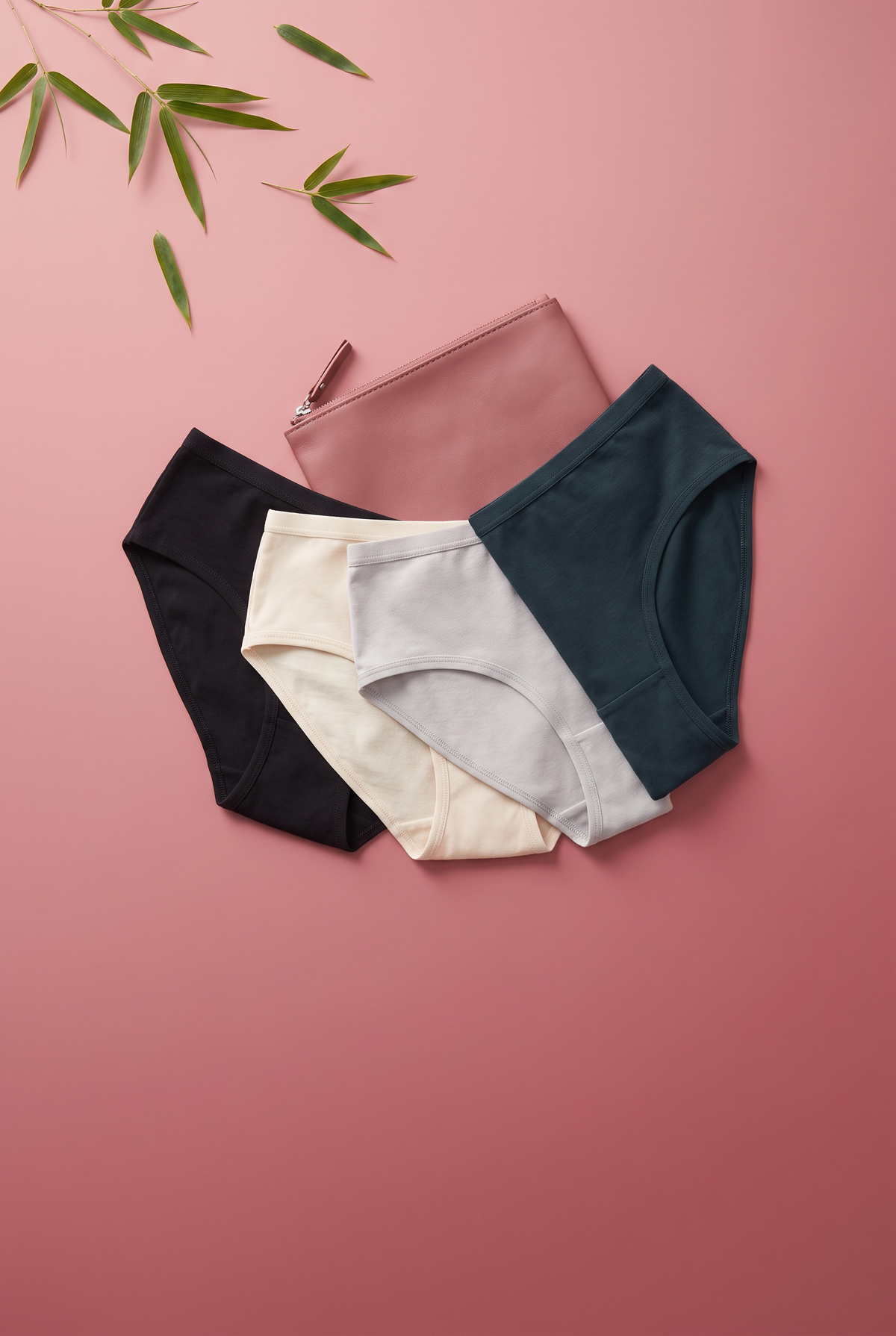 Quatre culottes Louma et la pochette de la marque, à plat sur fond rose