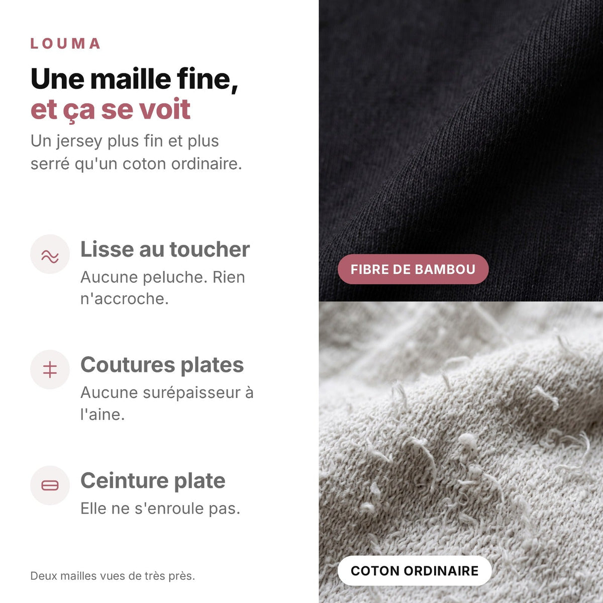 Planche d'information : la maille de fibre de bambou comparée à un coton ordinaire, vue macro