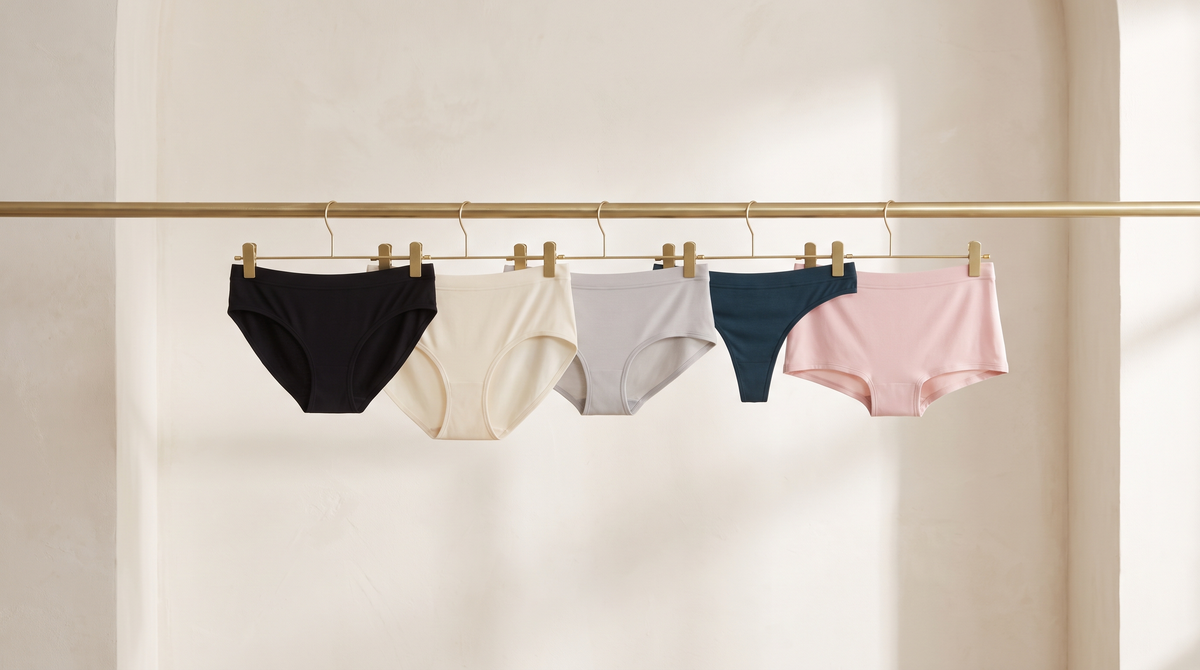 Cinq culottes Louma suspendues à une tringle en laiton, contre un mur crème